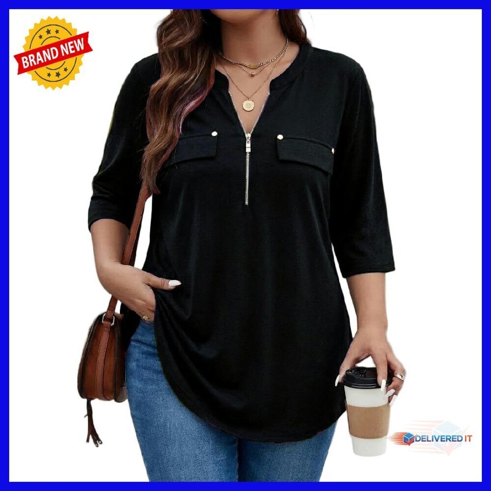 Plus Size Zip Front V Neck Blouse 3/4 Sleeve Business Casual Top XL-5XL